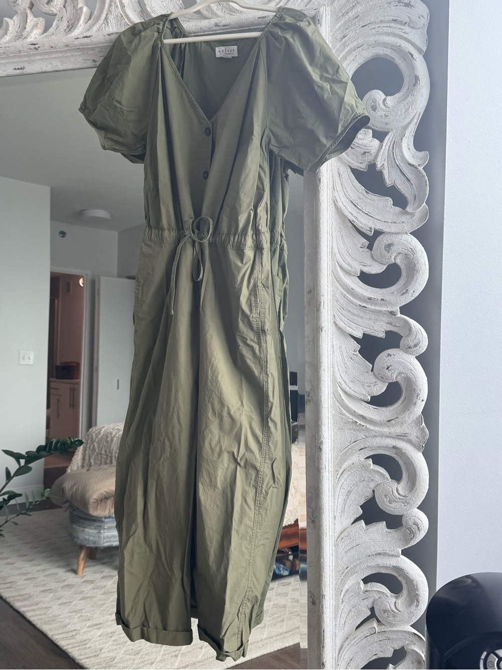 Velvet Olive Green V-Neck Jumpsuit